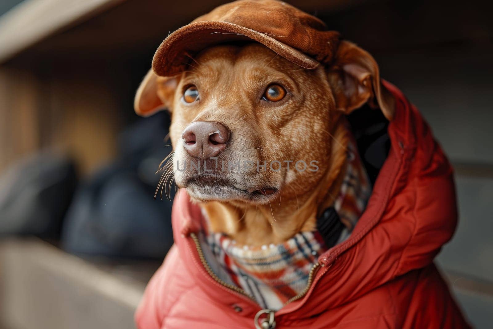 Dog playing and wearing a baseball.