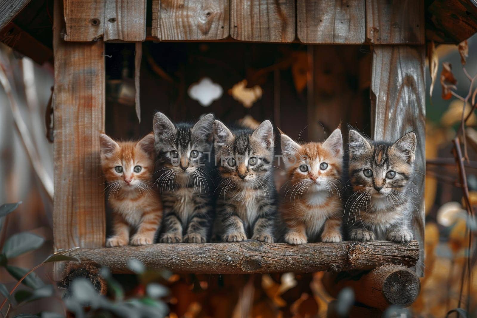 A group of cats are laying on a wooden structure by itchaznong