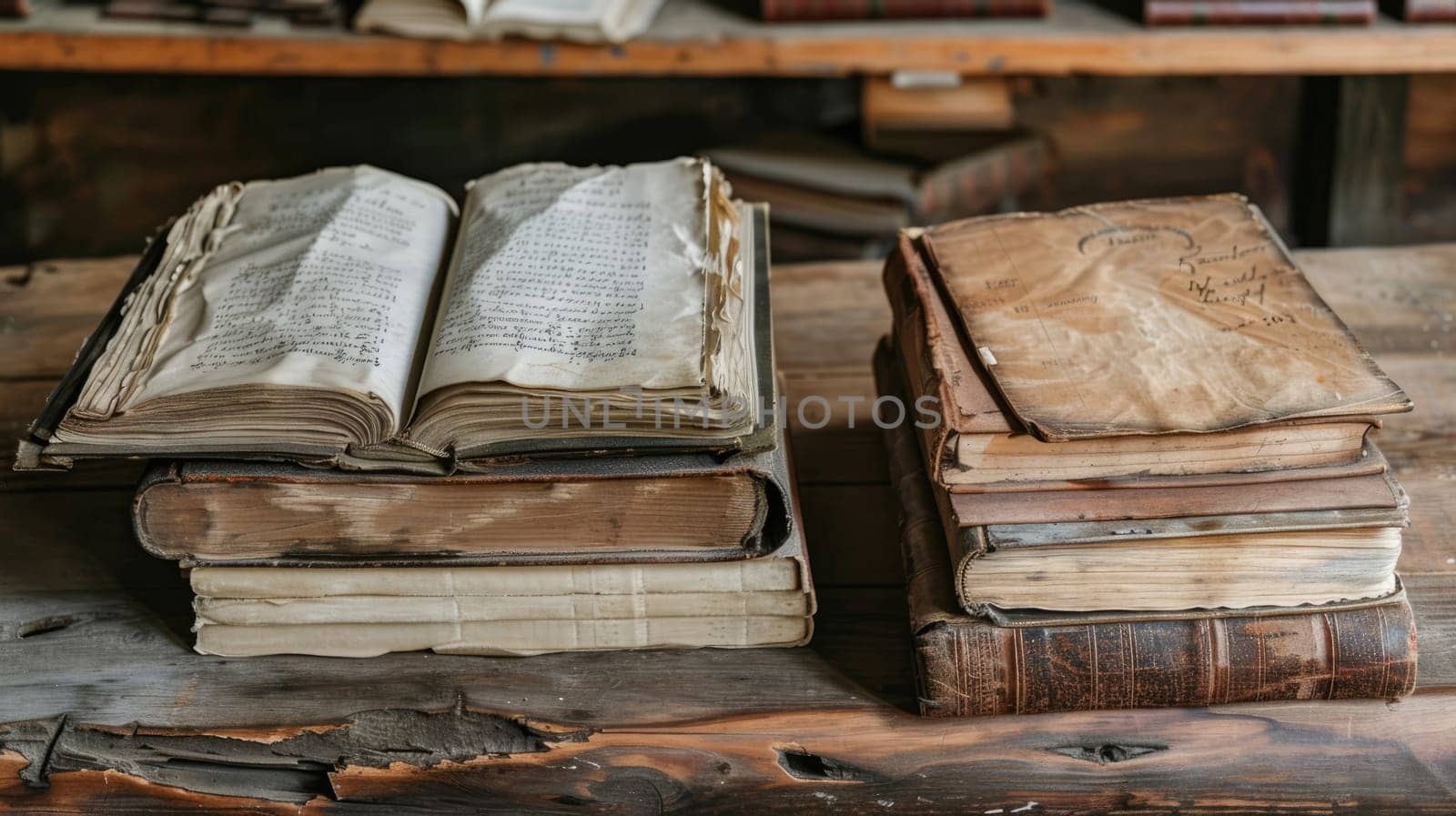 Old books and chronicles on a wooden table AI