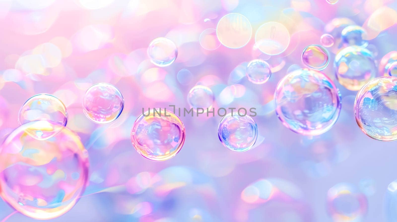 Dreamy pastel bokeh backdrop with floating soap bubbles in soft focus