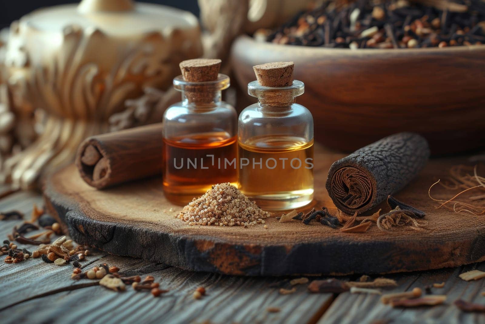 Close-up of a perfume bottle on a table in the interior by Lobachad