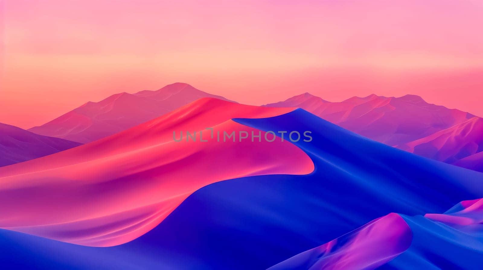 Vibrant and surreal desert sunset landscape with tranquil and peaceful scenery. Featuring colorful abstract mountains. A fantasy twilight sky in shades of pink. Blue. And purple