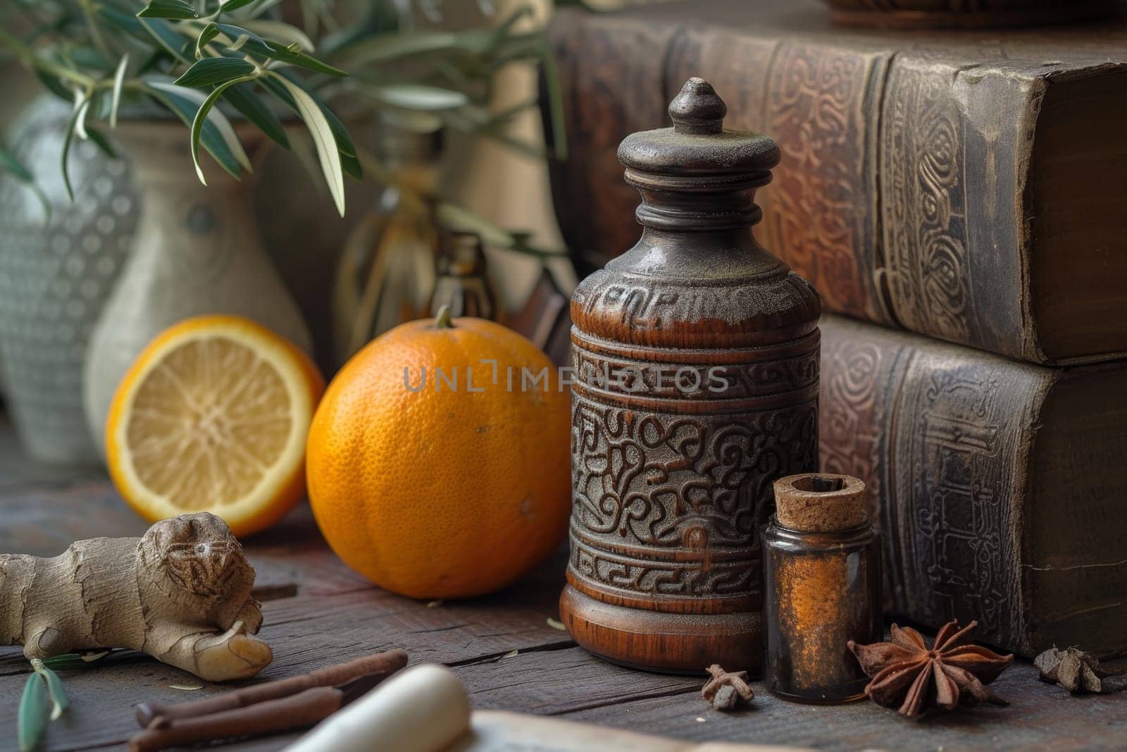 Close-up of a perfume bottle on a table in the interior.