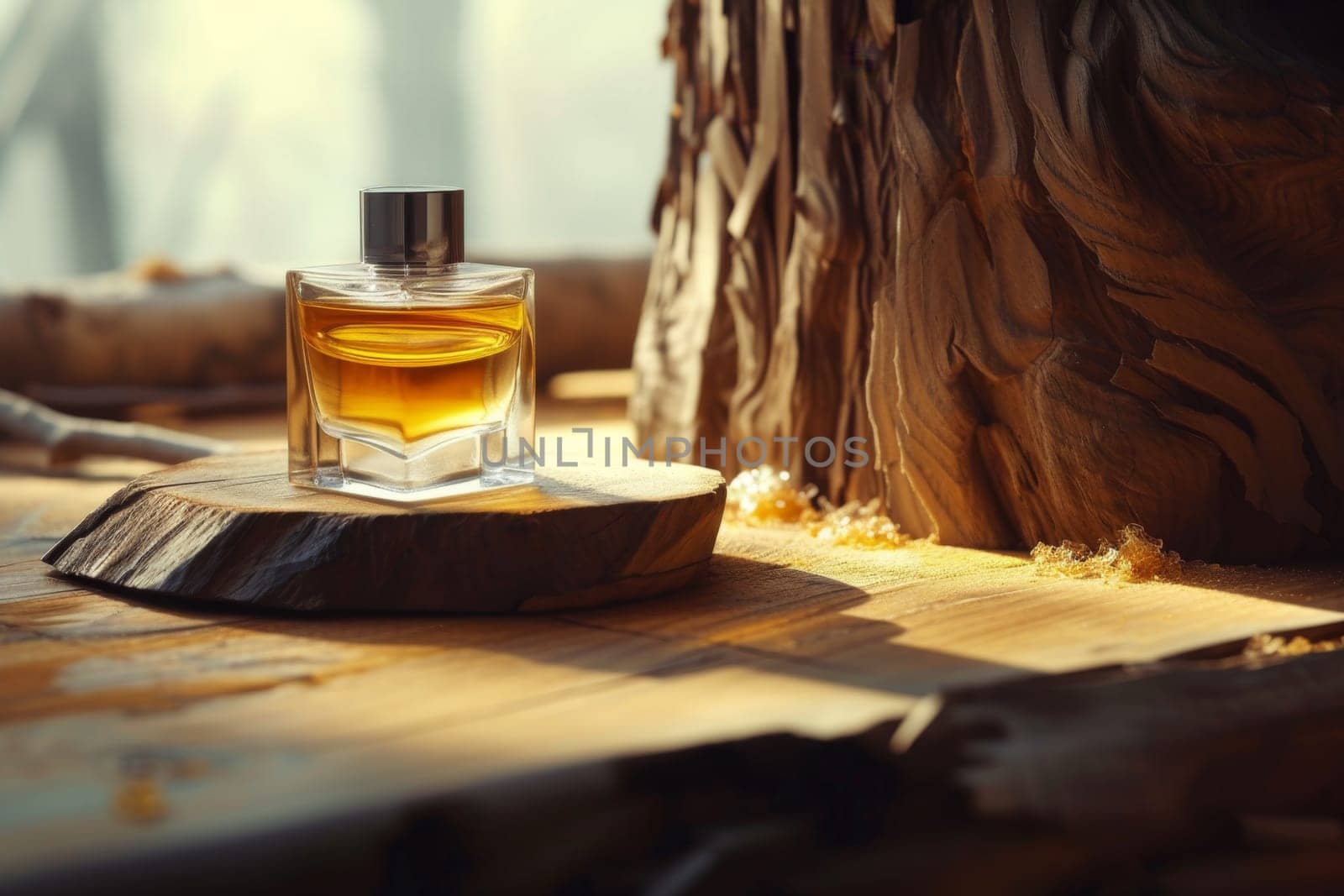 Close-up of a perfume bottle on a table in the interior by Lobachad