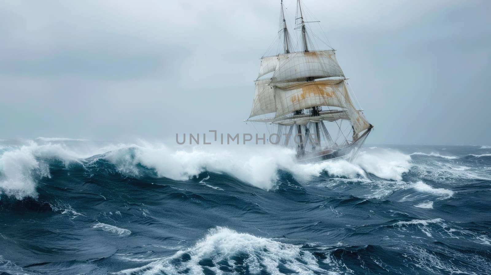 Sailing ship against the backdrop of waves and wind AI art