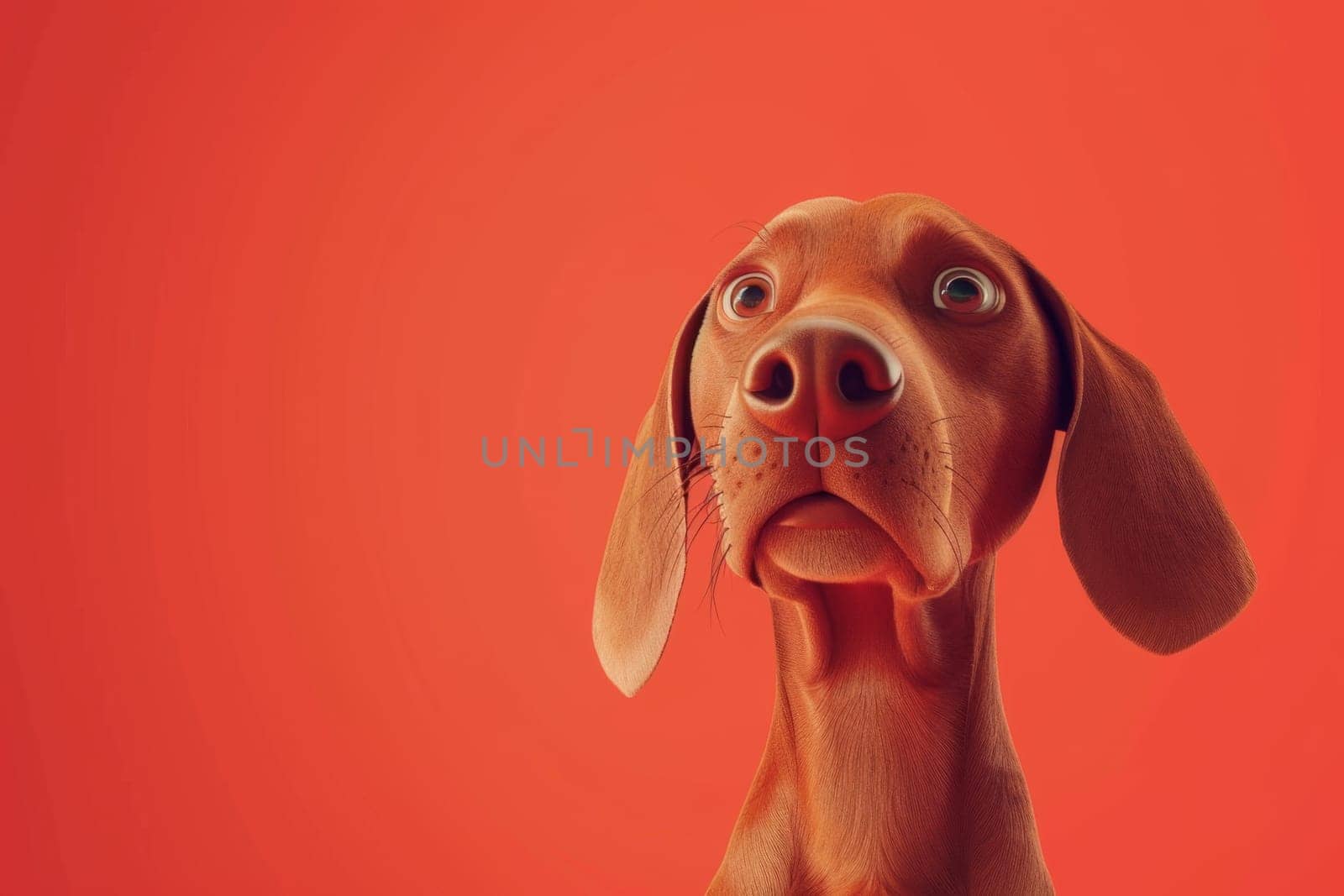 Close-up of a Hungarian fold-eared dog on a red background. 3d illustration.