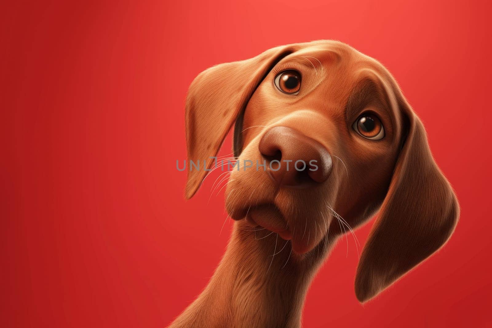 Close-up of a Hungarian fold-eared dog on a red background. 3d illustration.