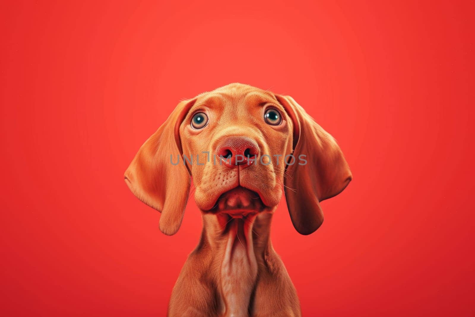 Close-up of a Hungarian fold-eared dog on a red background.