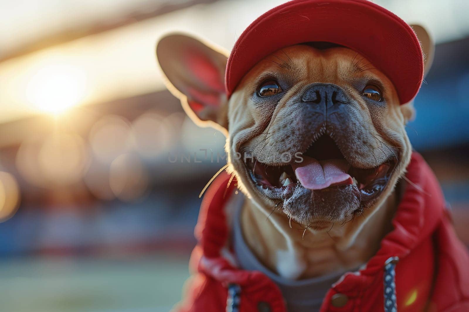 Dog playing and wearing a baseball.