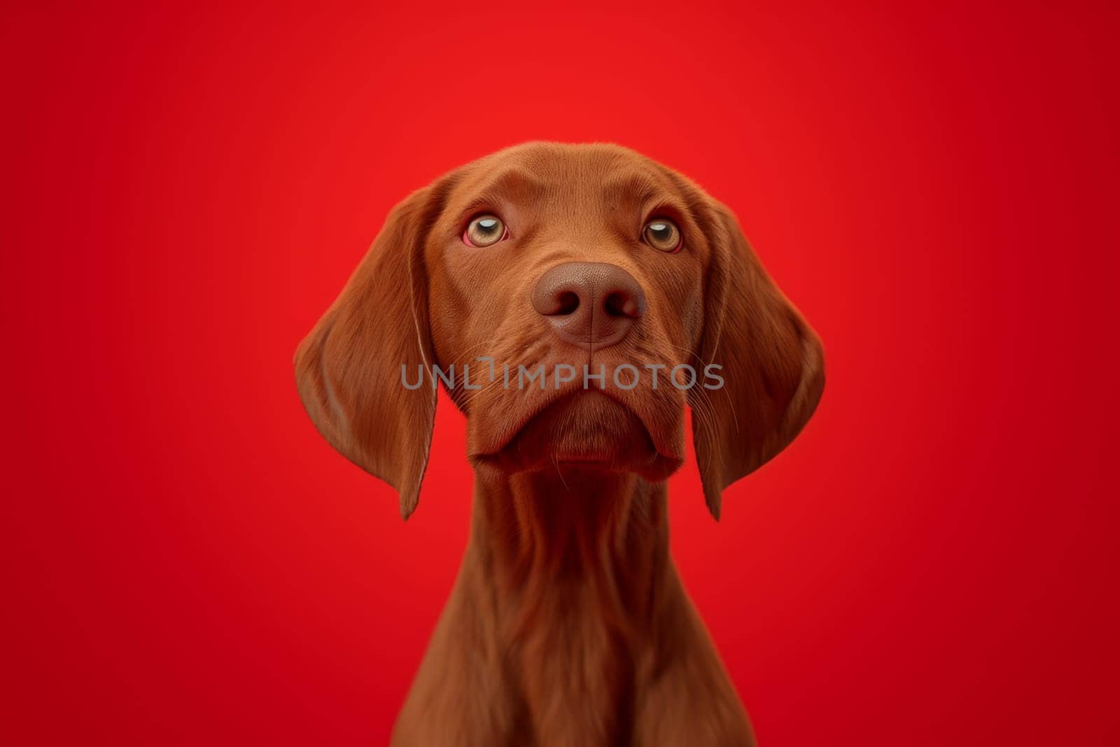 Close-up of a Hungarian fold-eared dog on a red background.