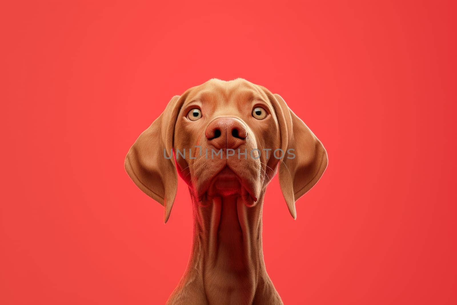 Close-up of a Hungarian fold-eared dog on a red background.