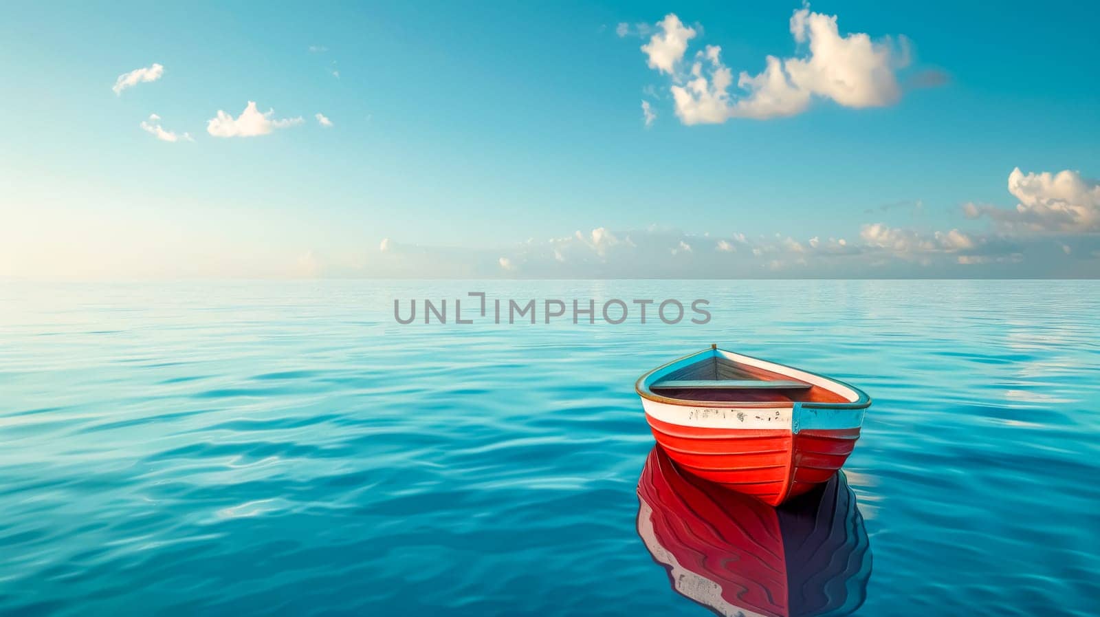 Tranquil image of a solitary red boat floating on a calm blue ocean under a clear sky