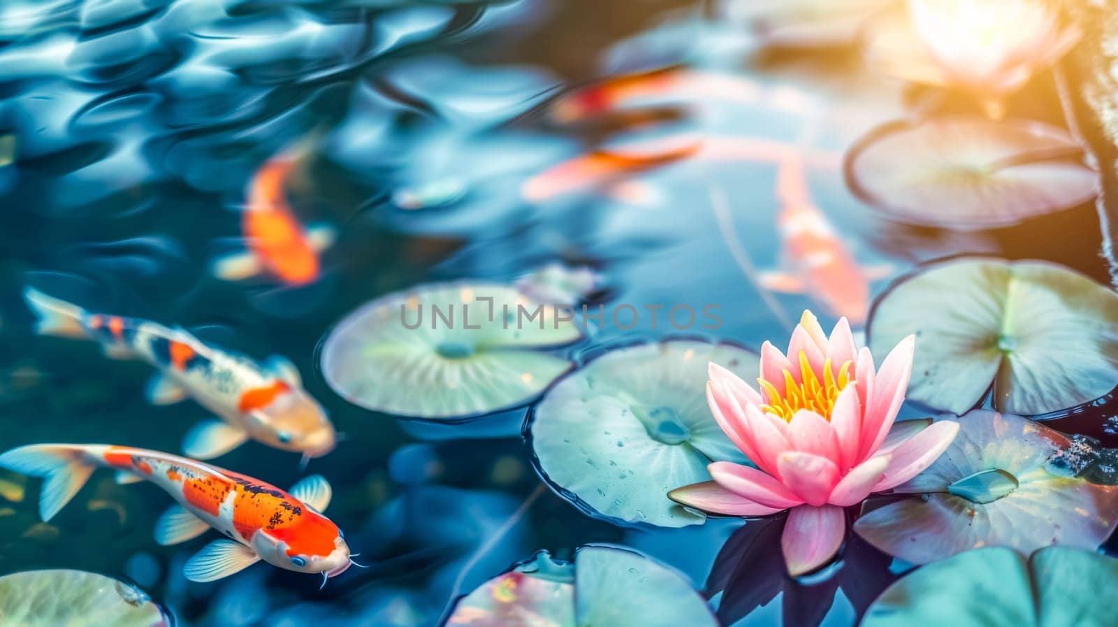 Serene koi pond with blooming water lily by Edophoto