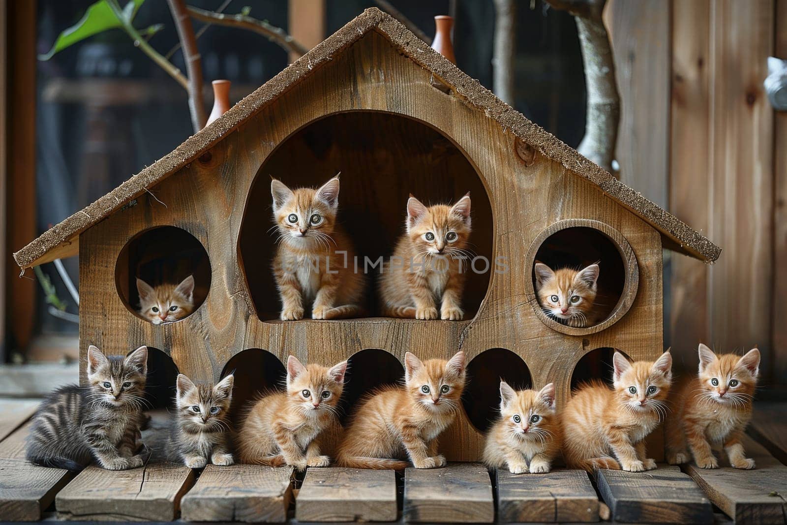 A group of cats are laying on a wooden structure.