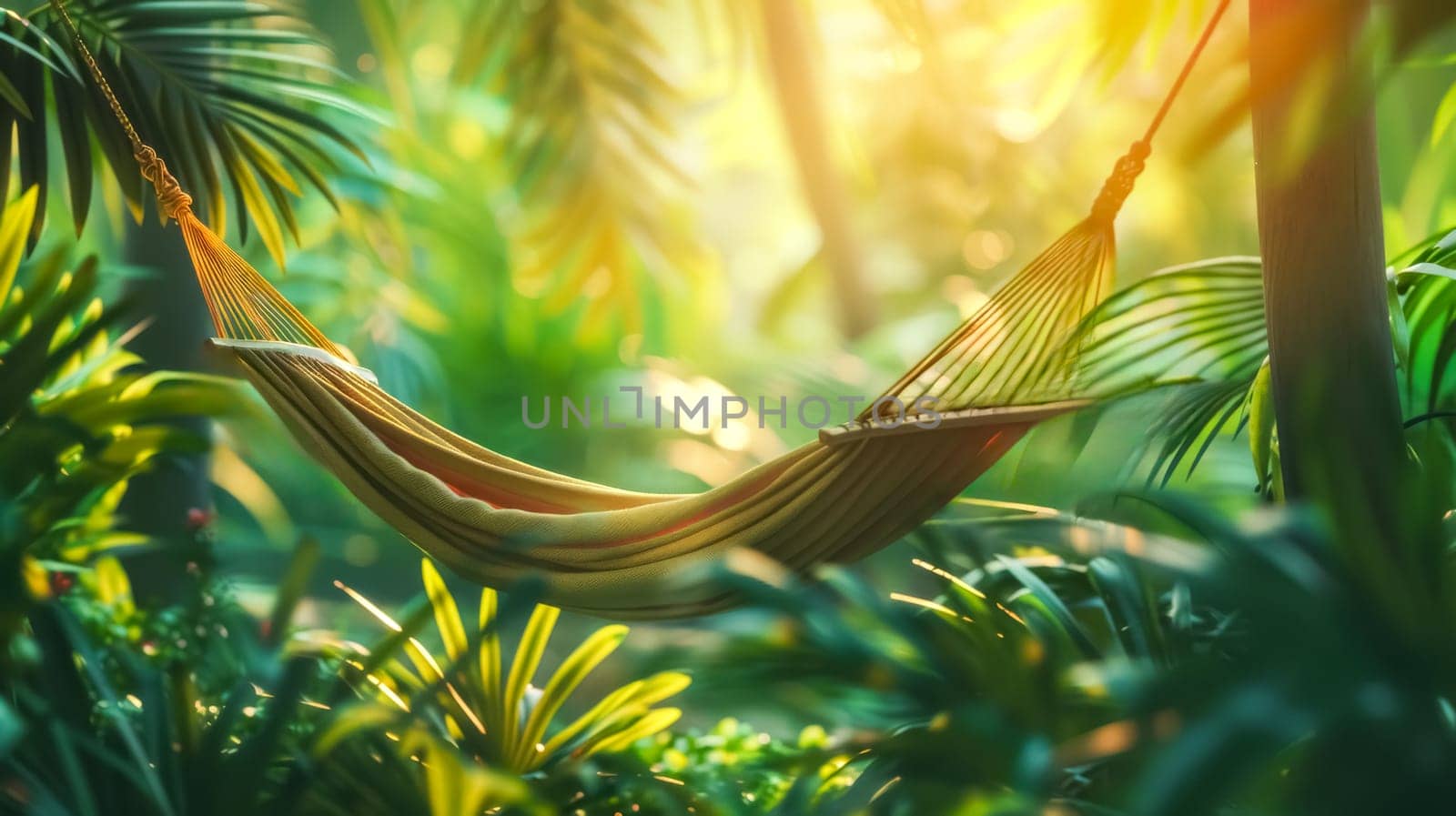 Tranquil hammock sways among lush greenery in the warm glow of a setting sun