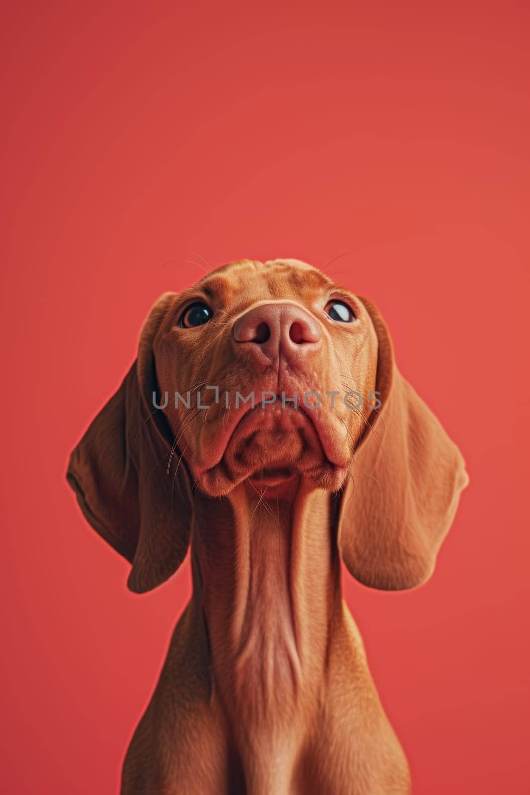 Close-up of a Hungarian fold-eared dog on a red background.