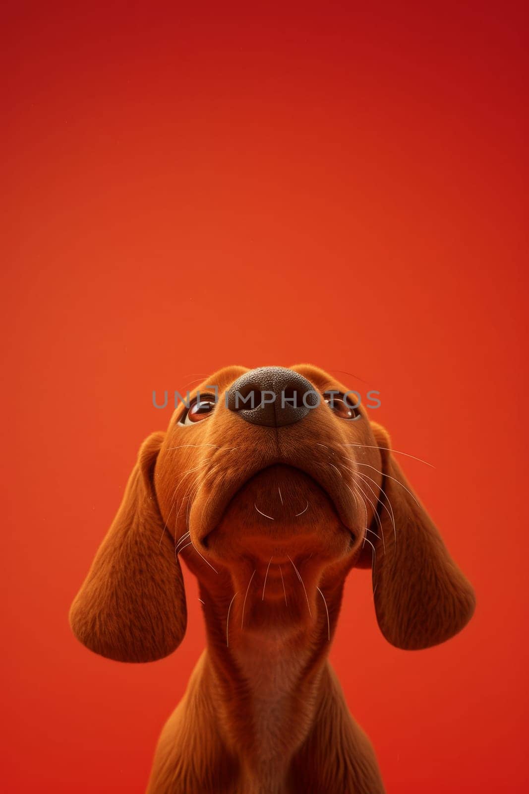 Close-up of a Hungarian fold-eared dog on a red background.