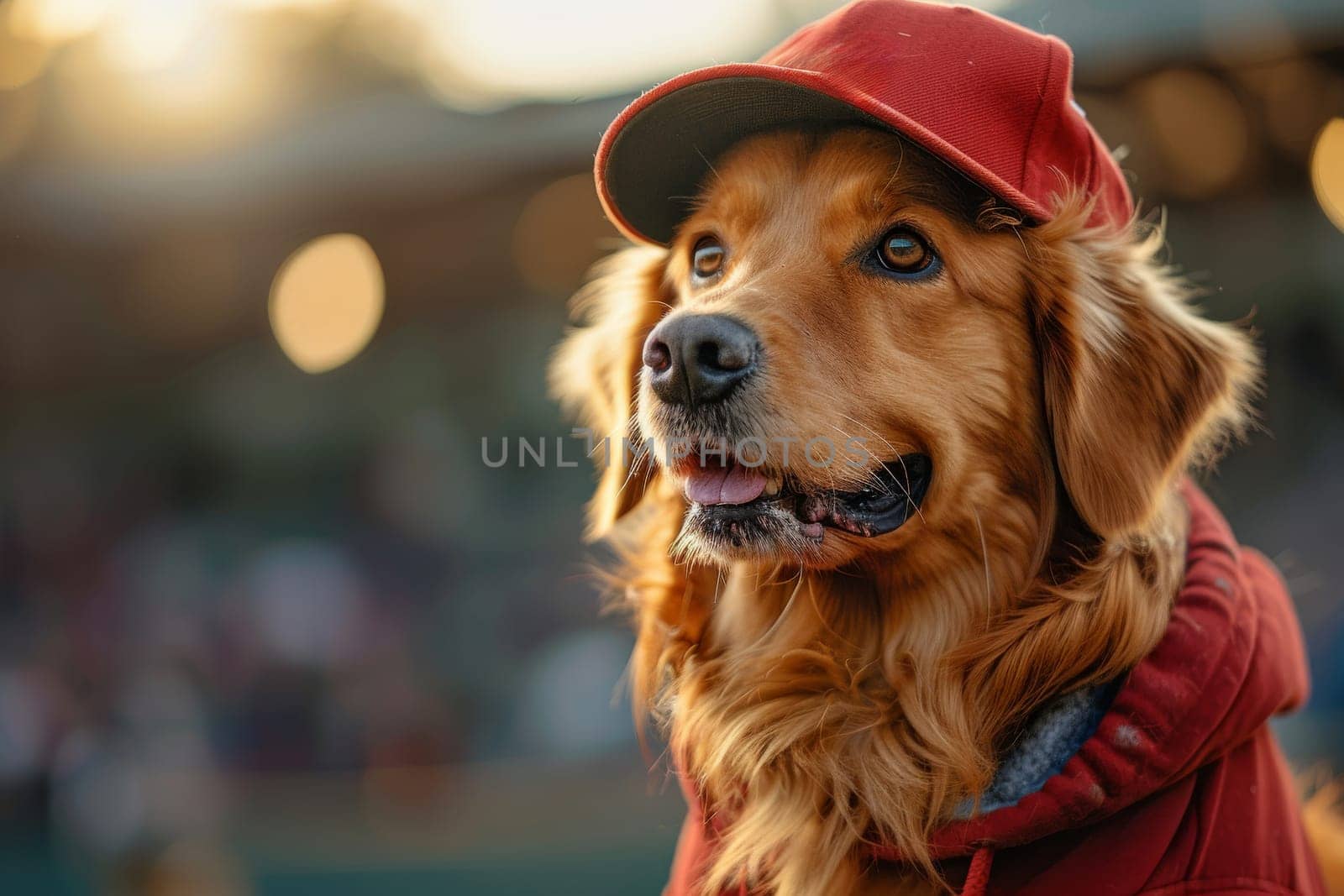 Dog playing and wearing a baseball.