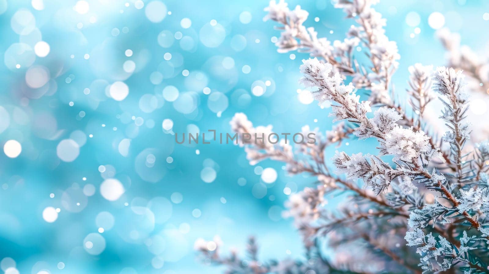 Close-up of icy branches with bokeh background in soft blue tones