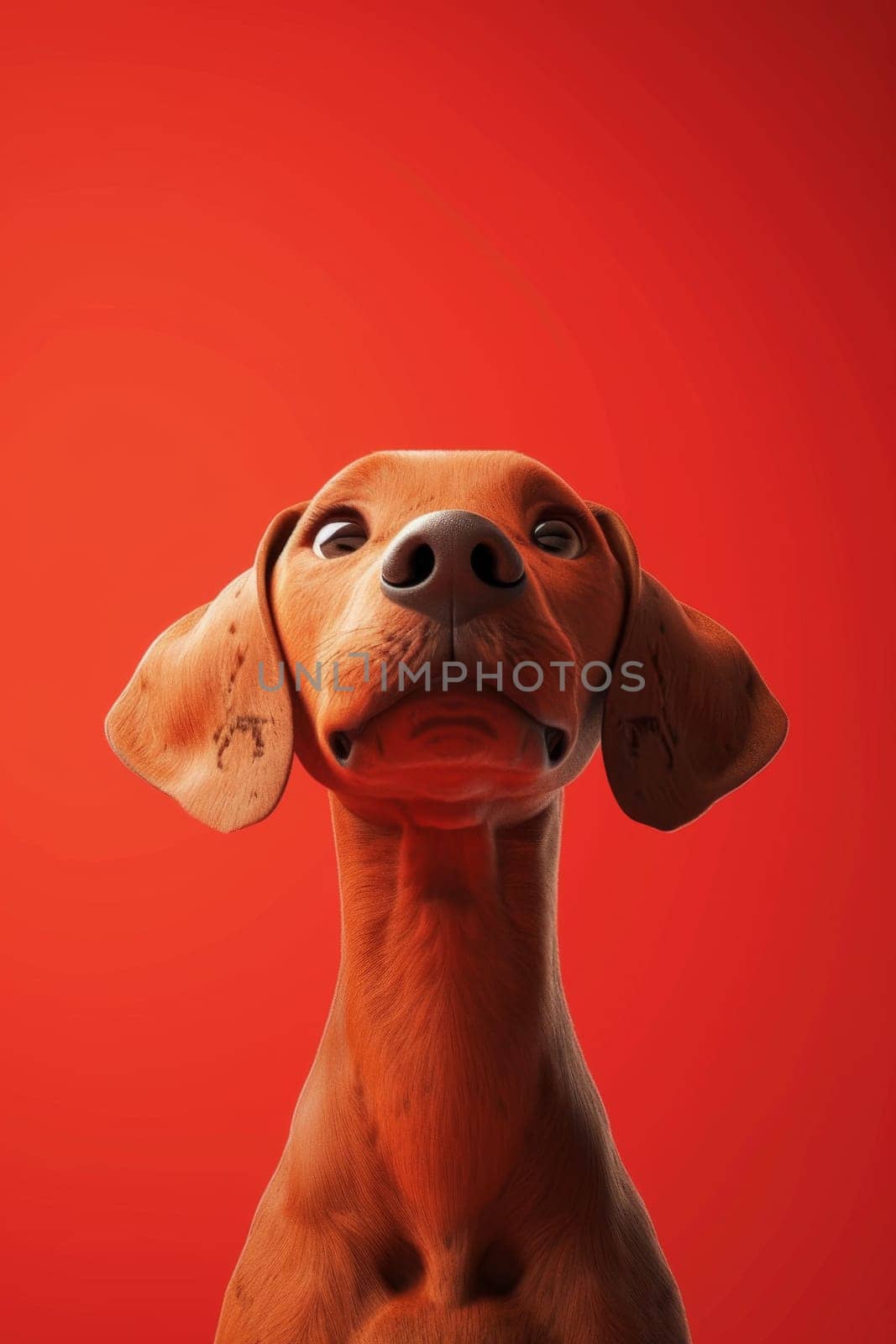 Close-up of a Hungarian fold-eared dog on a red background.