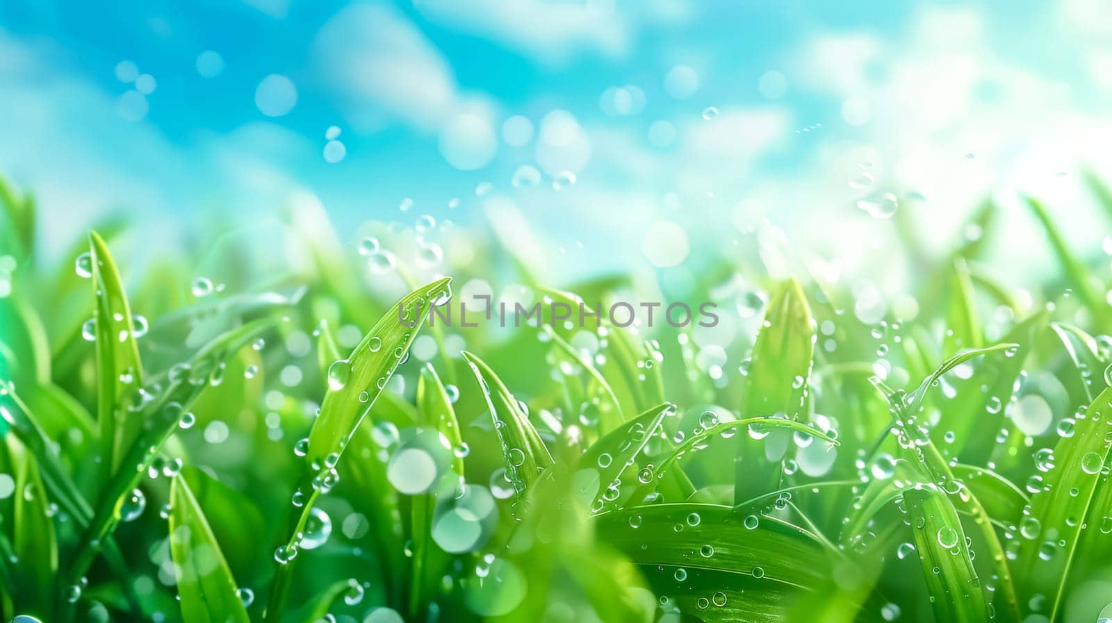 Close-up of water droplets on vibrant green grass with a bright, blue sky in the background