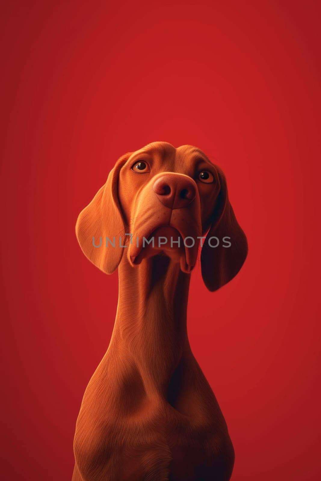 Close-up of a Hungarian fold-eared dog on a red background. 3d illustration.