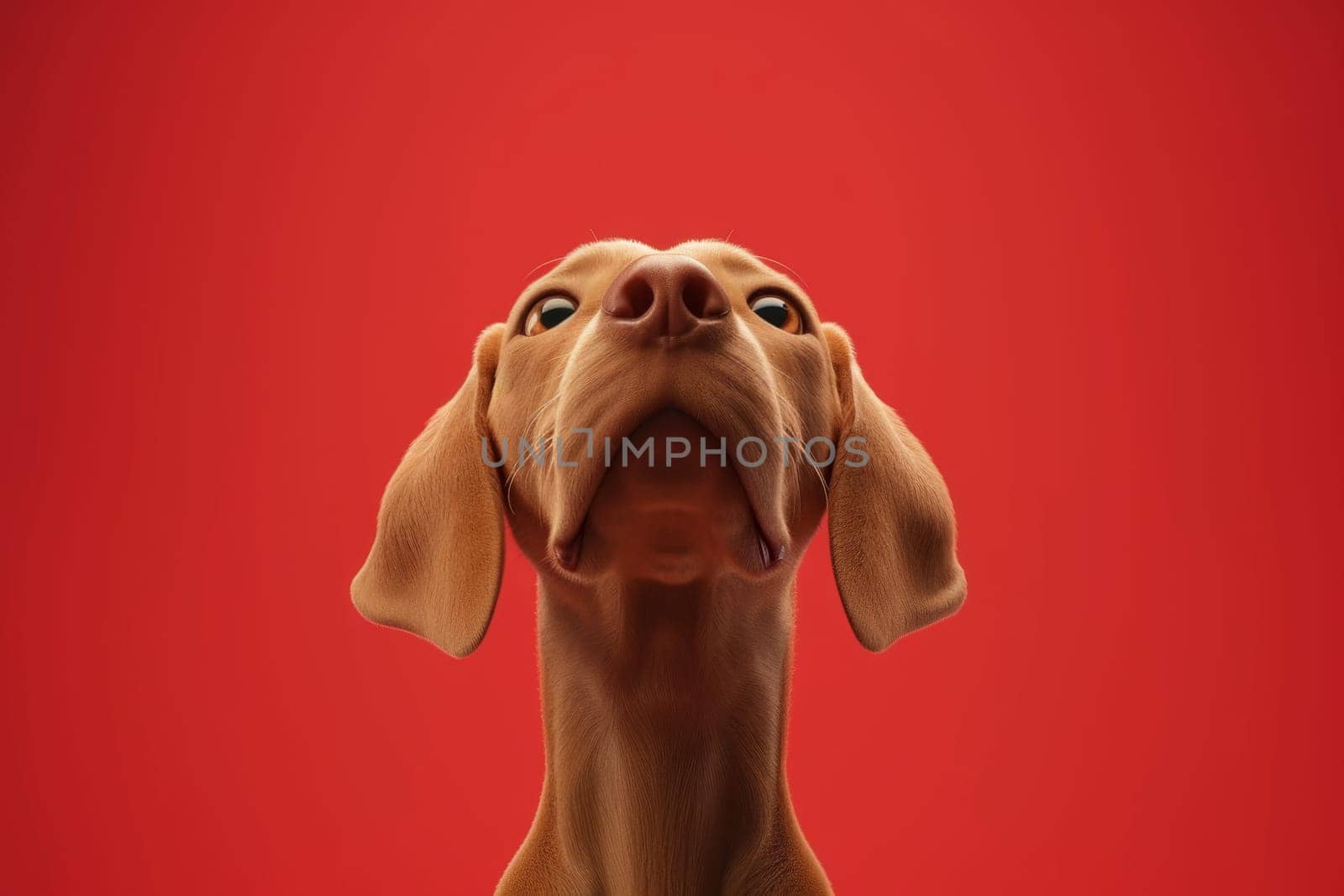 Close-up of a Hungarian fold-eared dog on a red background by Lobachad