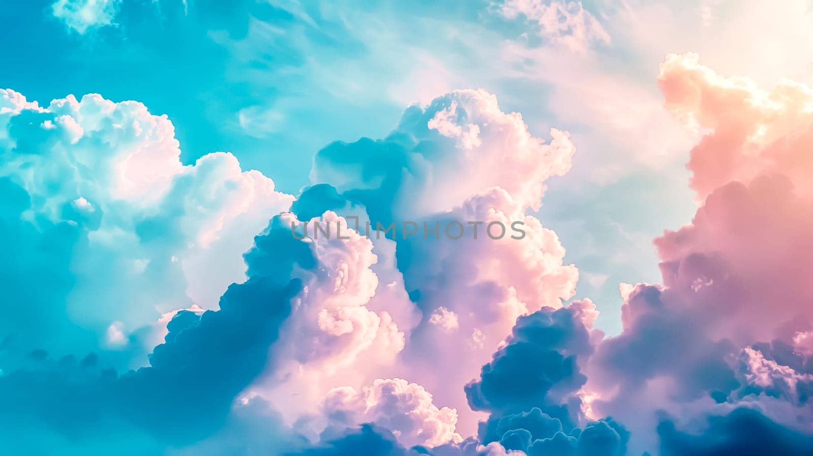 Tranquil sky with fluffy clouds bathed in soft pastel hues