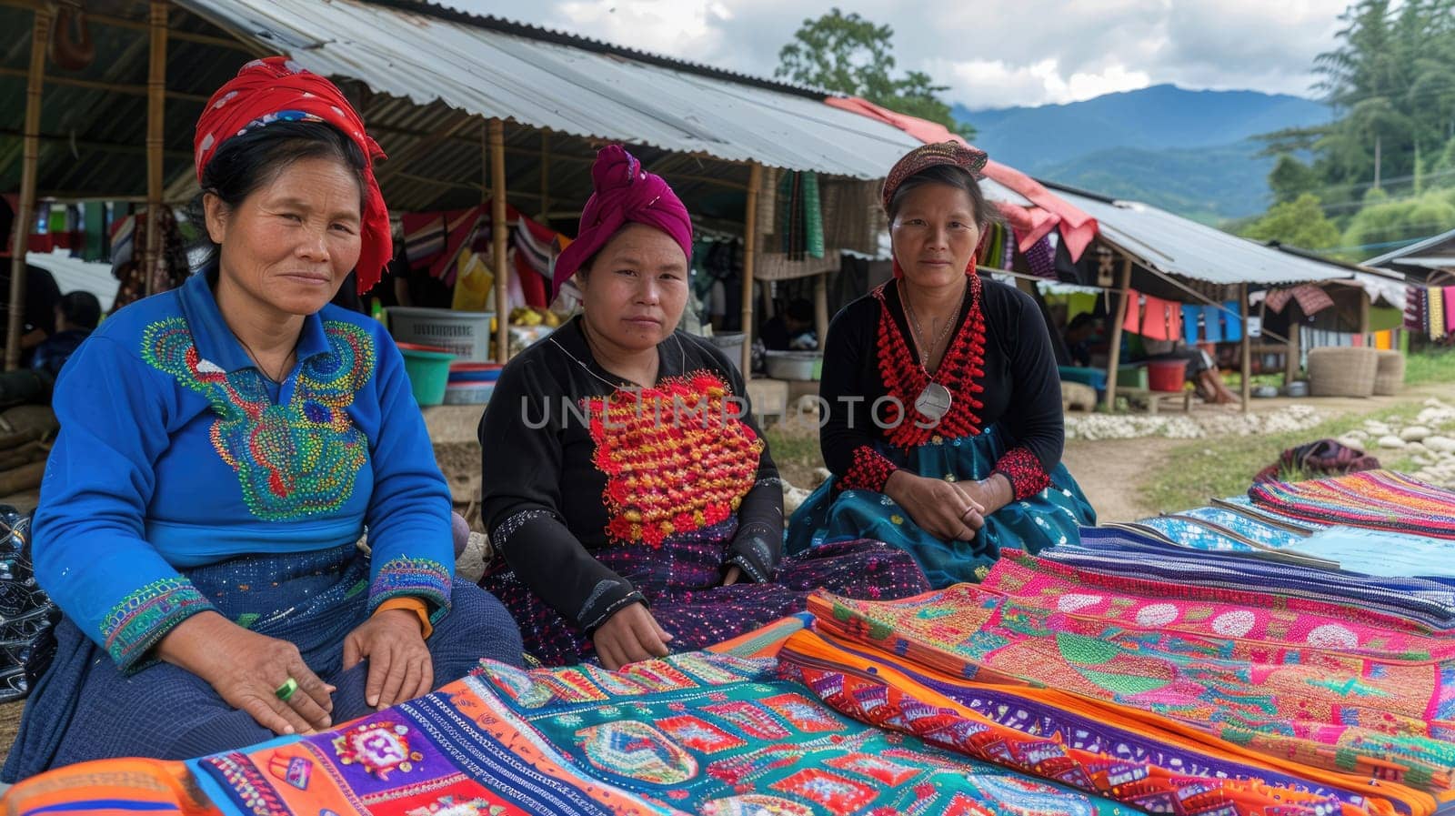 Asian local market. Women sell fabrics AI