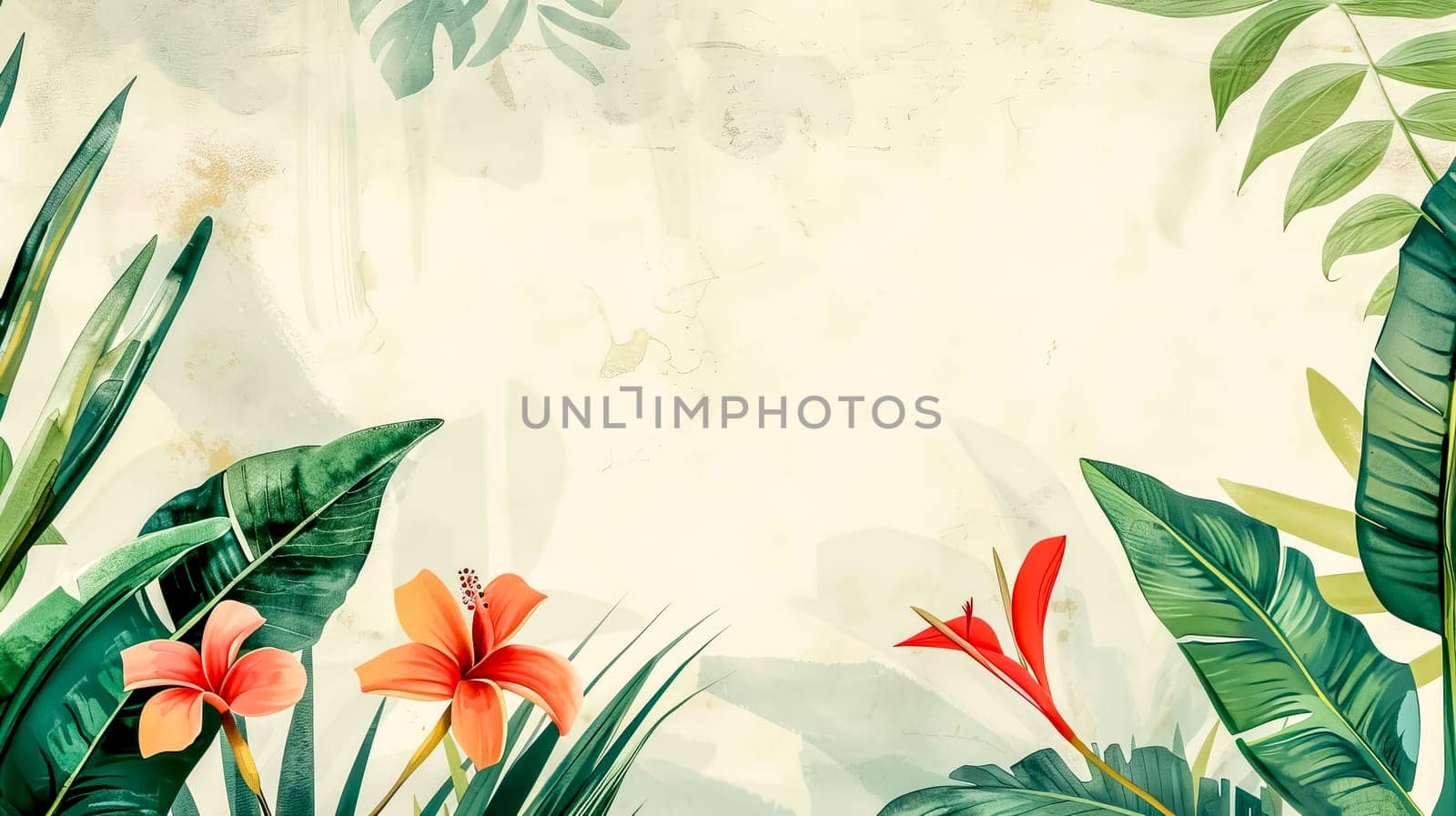 Abstract vintage backdrop with vibrant tropical leaves and exotic flowers
