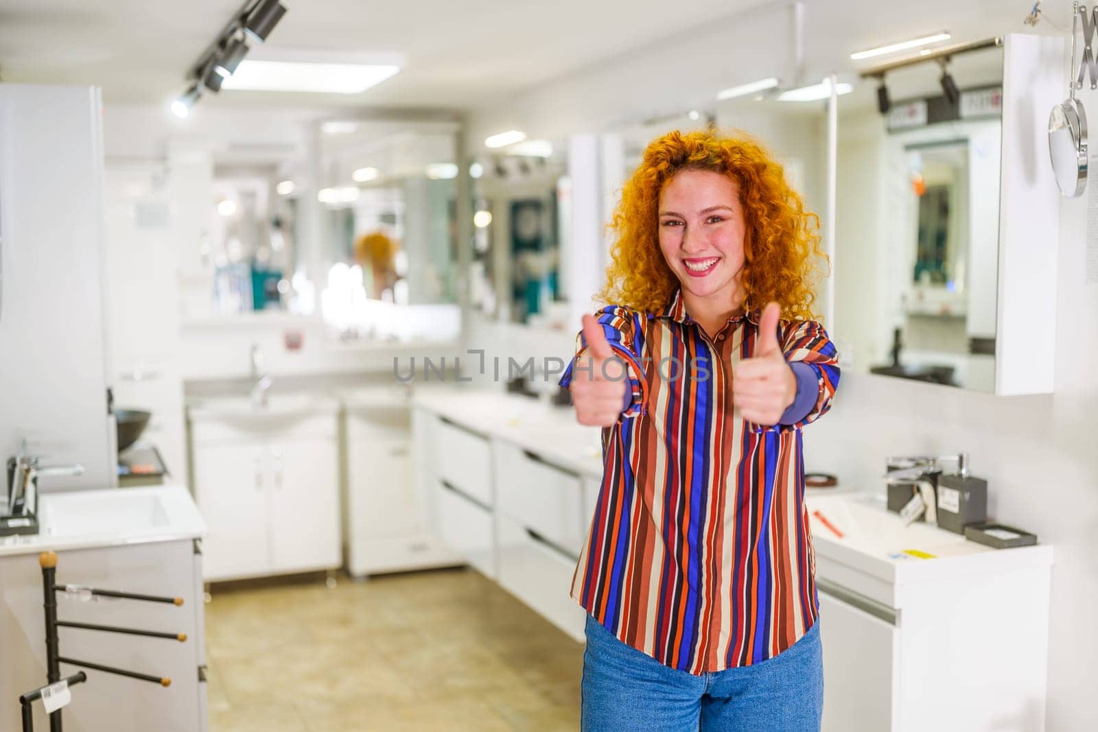 Portrait of salesperson in bathroom store. Happy redhead woman works in bath store. Sales occupation.