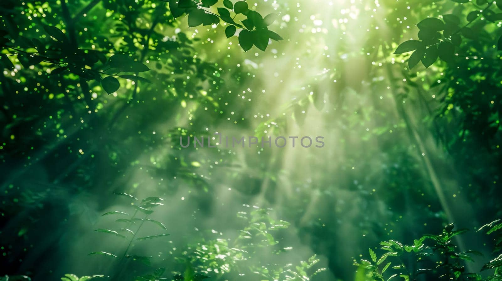 Mystical and enchanted forest with sunbeams filtering through the lush green foliage and radiant sunlight rays, creating a peaceful and serene natural eco environment outdoors