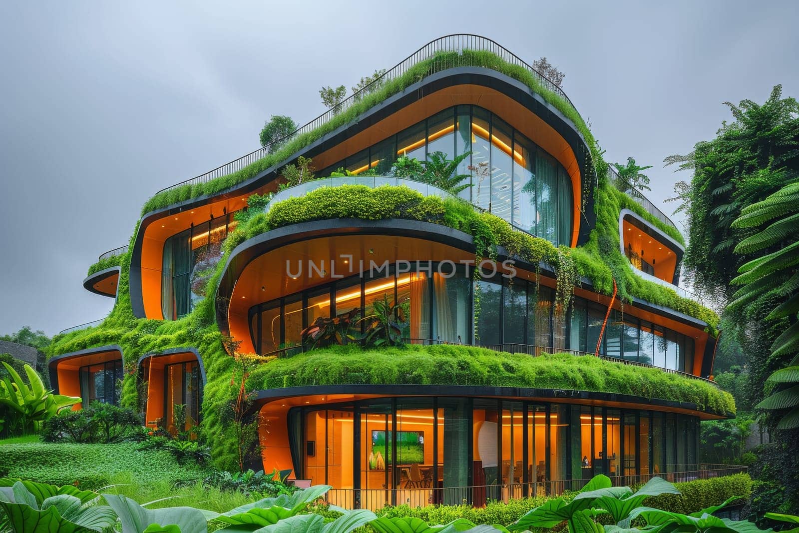 A large house with a green roof and a lush garden by itchaznong