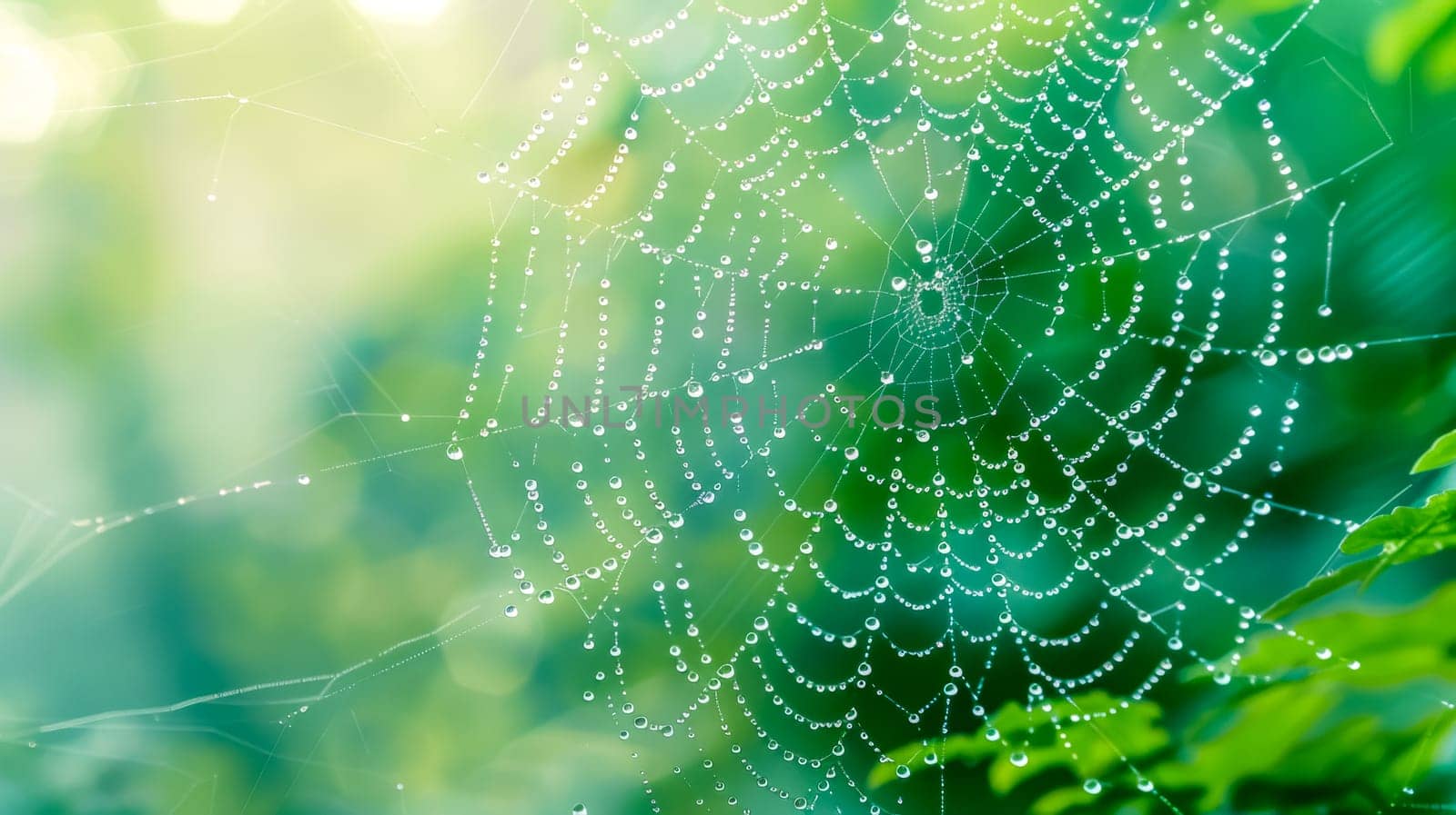 Close-up of a delicate spider web with glistening dewdrops against a soft green nature background