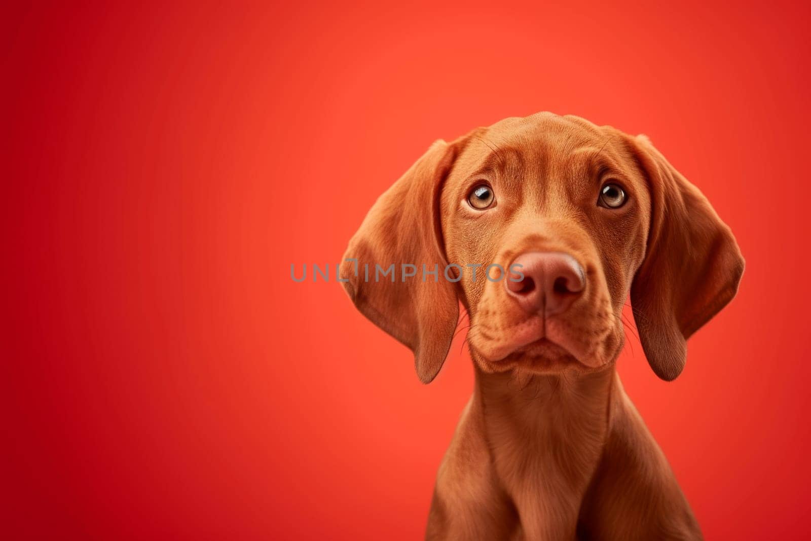 Close-up of a Hungarian fold-eared dog on a red background.