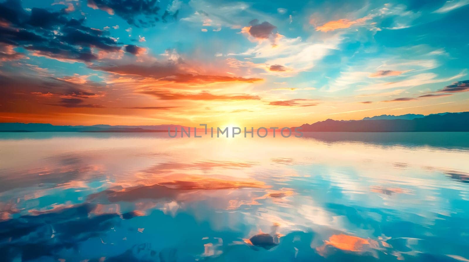 Vibrant sunset with rich colors reflecting off calm lake waters against a mountain backdrop