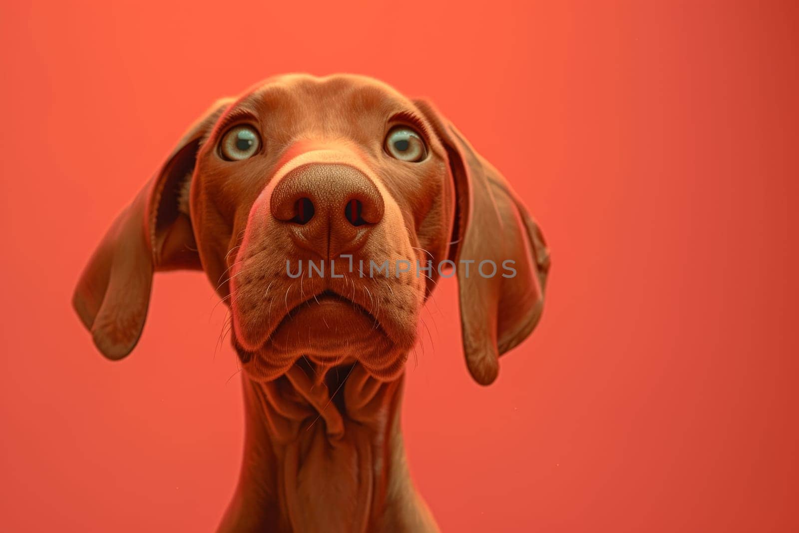 Close-up of a Hungarian fold-eared dog on a red background.