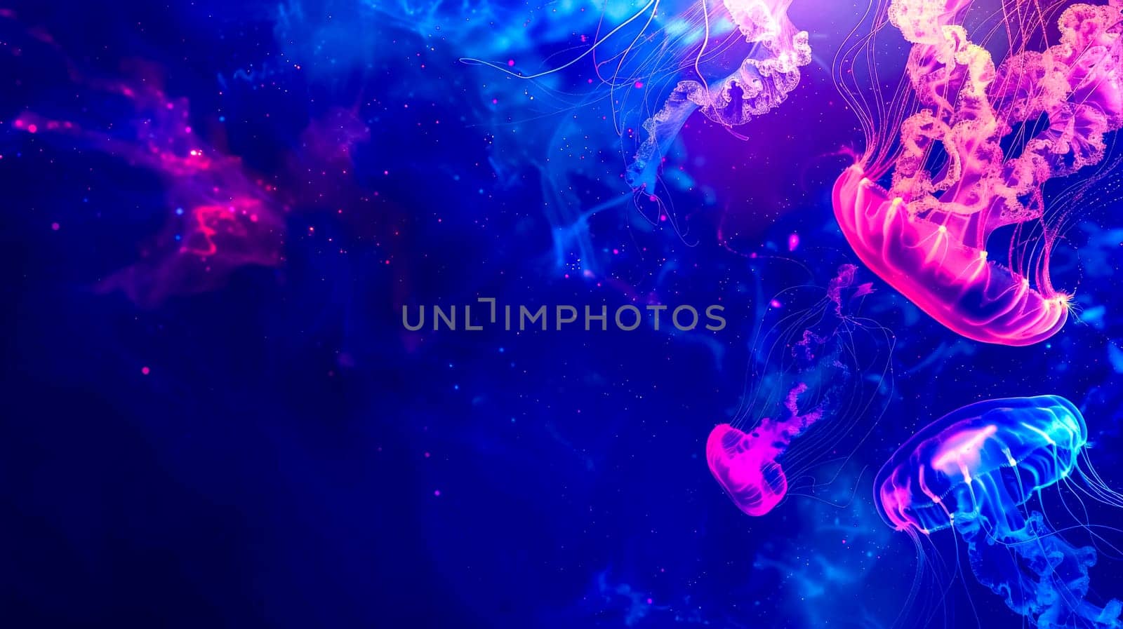 Vibrant neon-colored jellyfish swimming in a mesmerizing underwater dreamscape