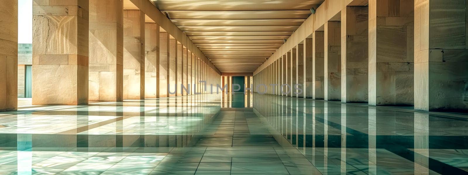 Sunlight bathes a spacious corridor with sleek pillars and reflective floor, evoking tranquility