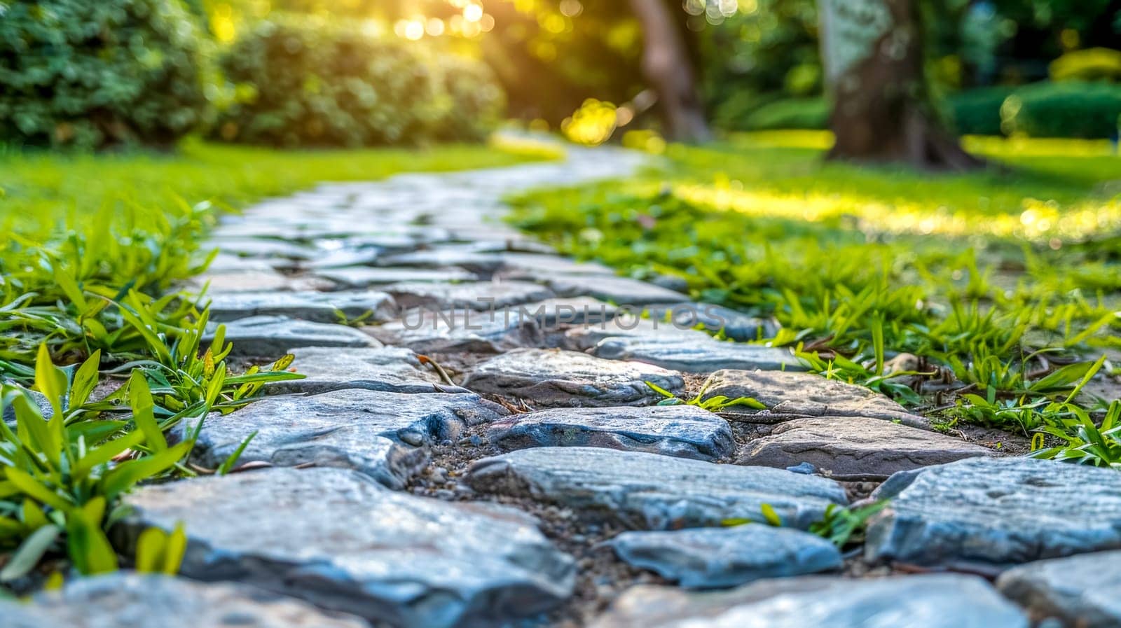 Low-angle view of a stone pathway with vibrant greenery in a peaceful garden during golden hour