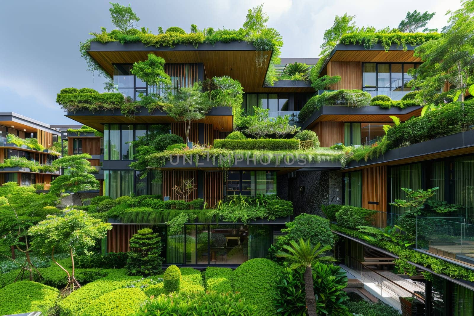 A large house with a green roof and a lush garden by itchaznong