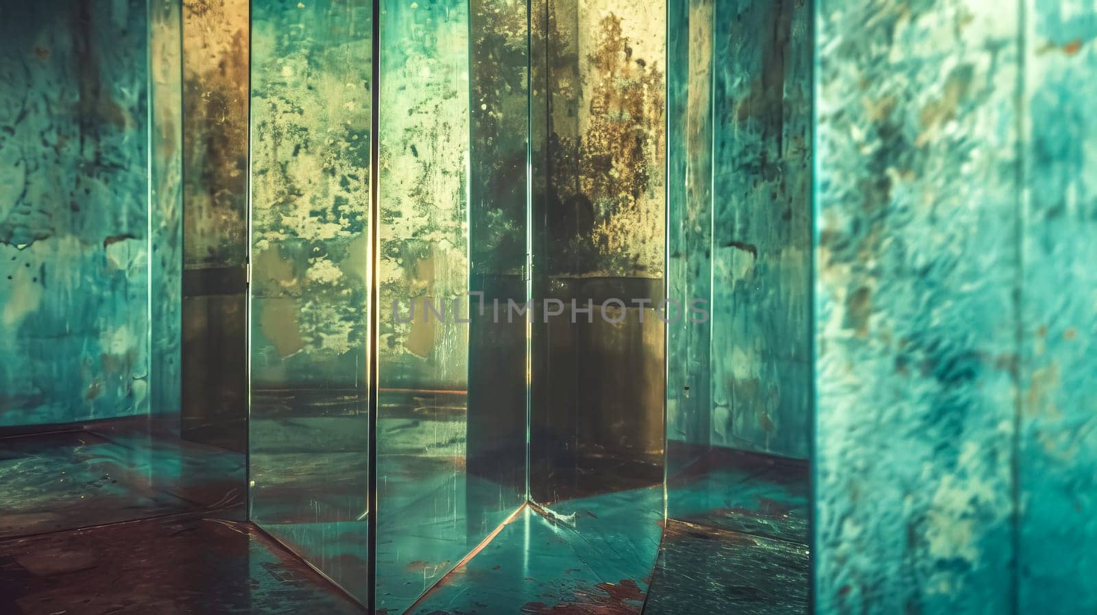 Moody and atmospheric image featuring weathered copper walls with a reflective surface
