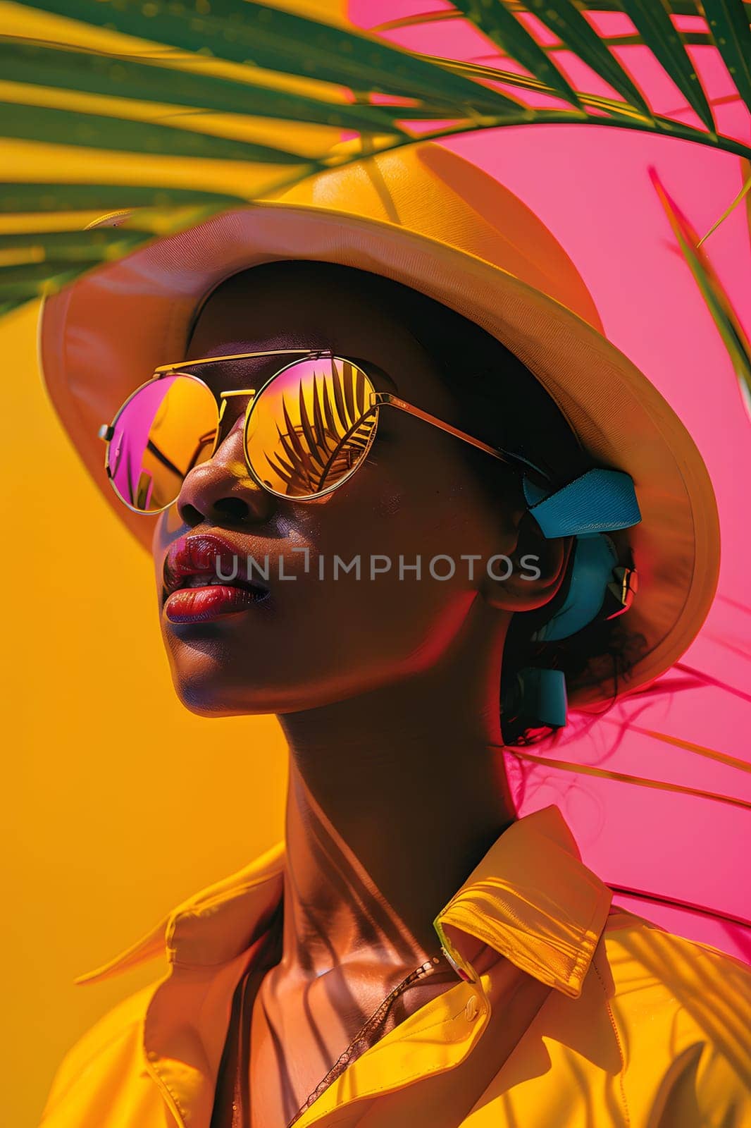 A human wearing trendy eyewear and headgear stands before a vibrant orange and magenta backdrop, embodying a fusion of art, fashion design, and entertainment