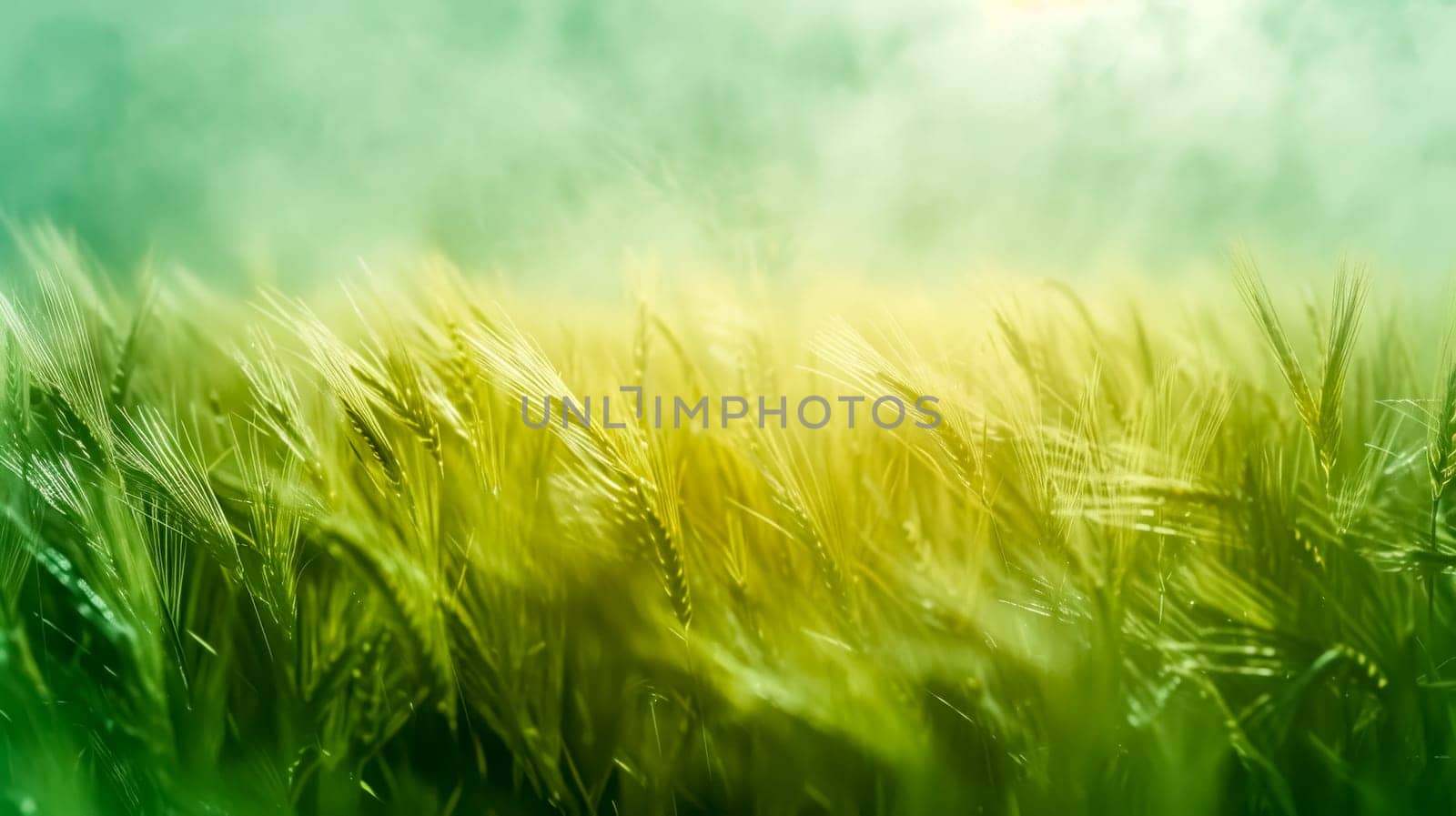 Close-up of a wheat field with sun rays piercing through, depicting a fresh morning