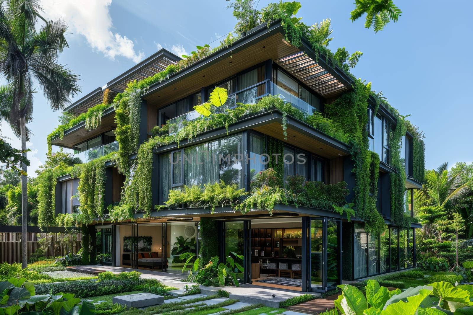 A large house with a green roof and a lush garden.