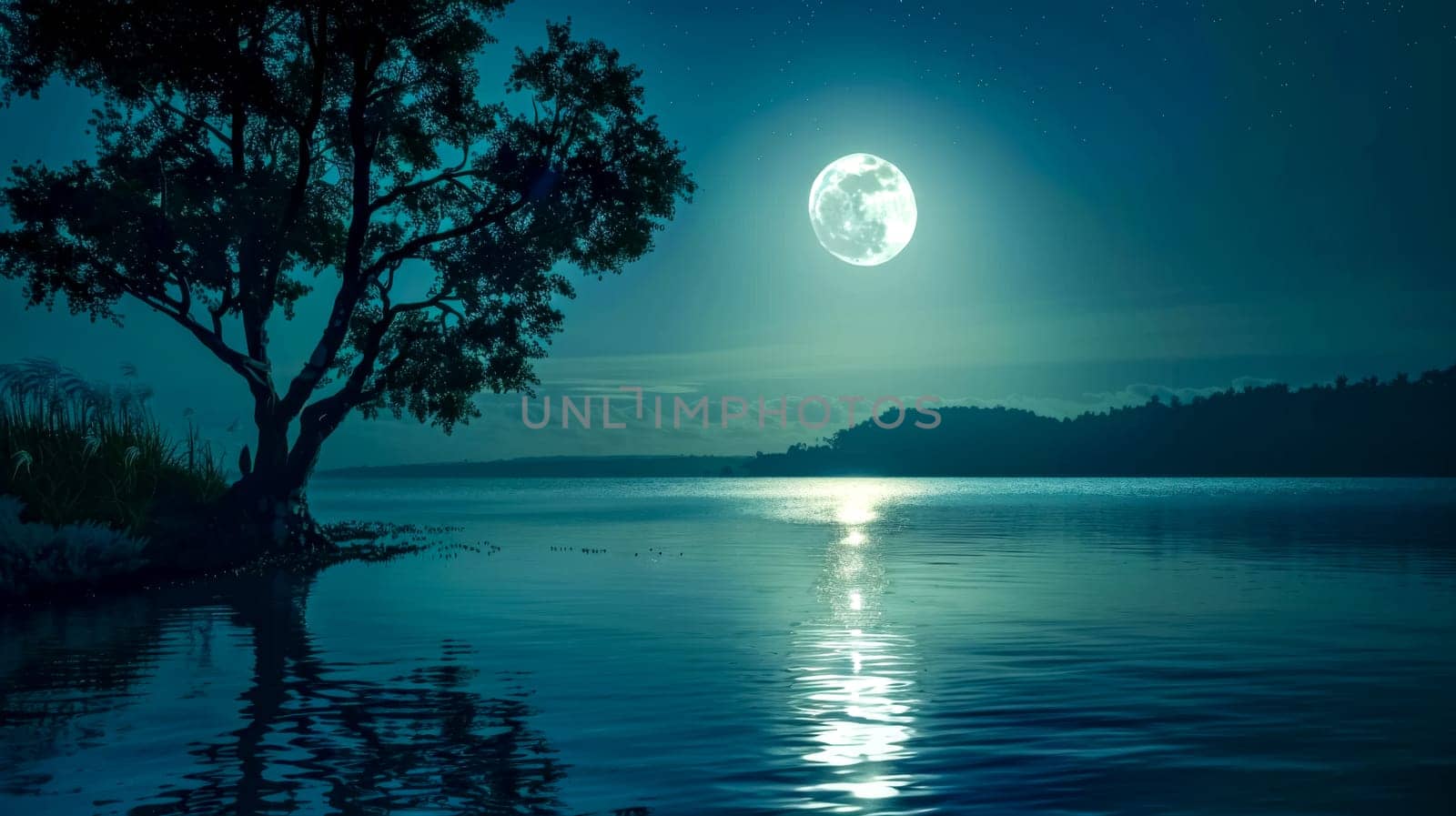 Serene night scene with a full moon reflecting over a calm lake beside a silhouette of a lone tree by Edophoto