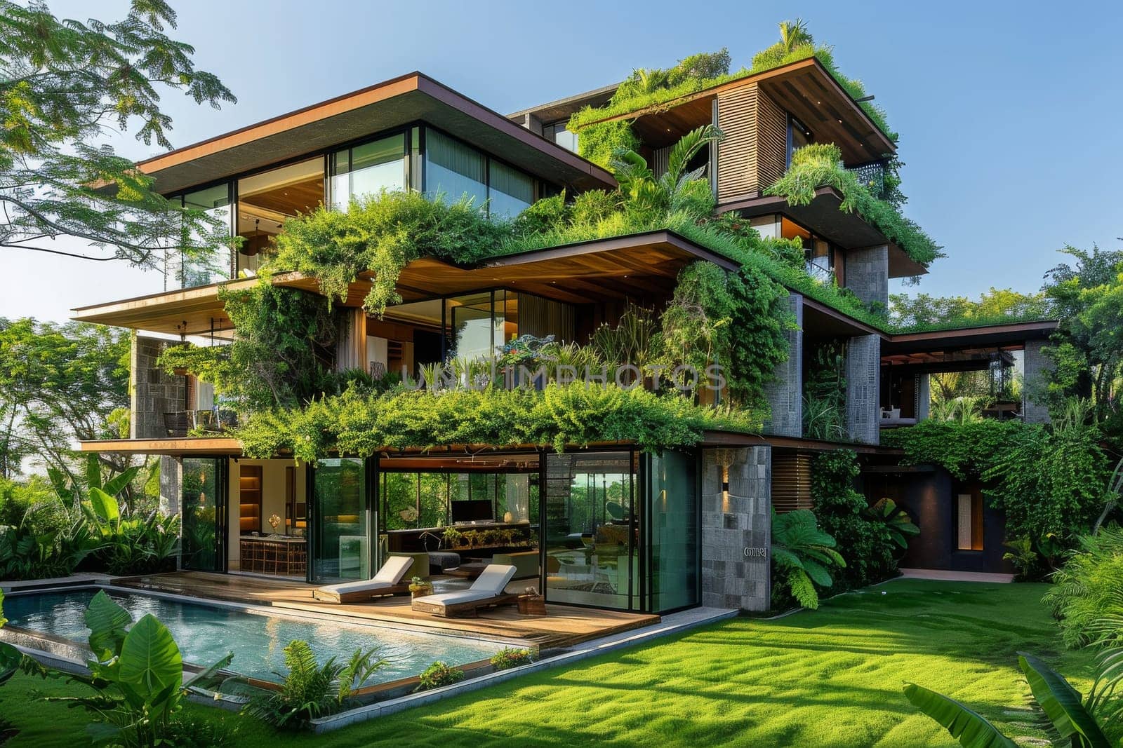 A large house with a green roof and a lush garden.