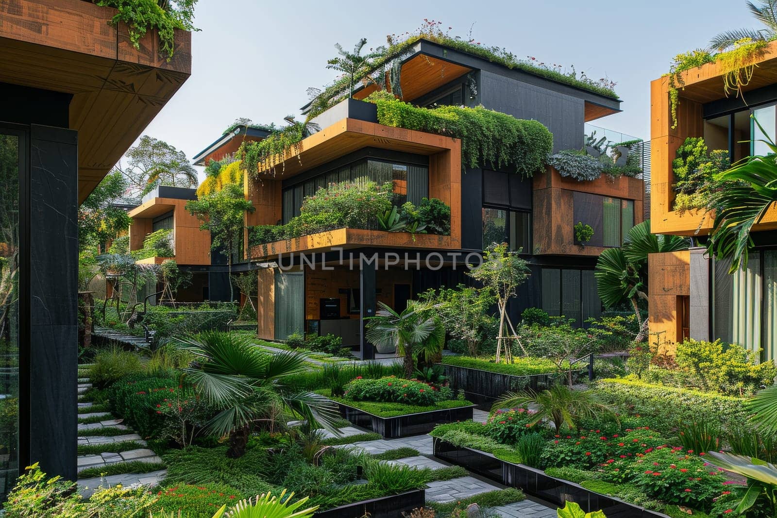 A large house with a green roof and a lush garden by itchaznong