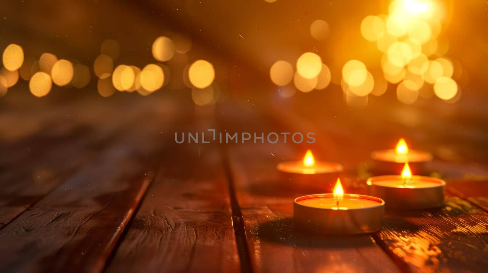 Cozy ambiance with tealight candles illuminating a rustic wood surface