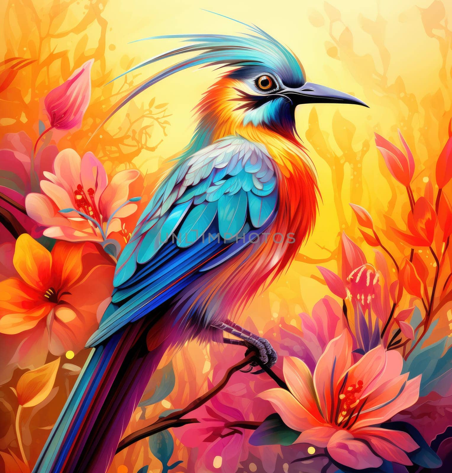 Bird of paradise. Romantic illustration of colorful tropical bird of paradise painting on a floral background. 